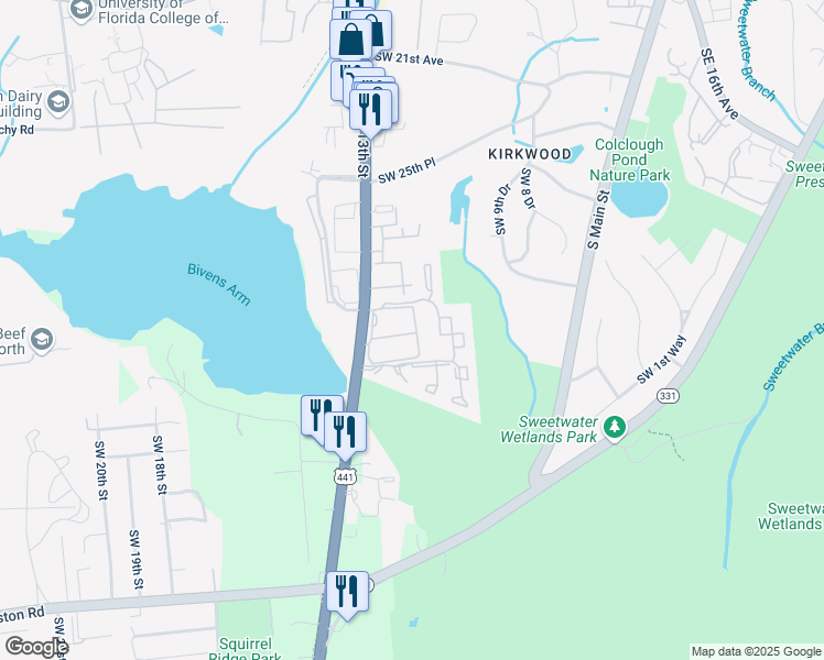 map of restaurants, bars, coffee shops, grocery stores, and more near 2911 Southwest 13th Street in Gainesville
