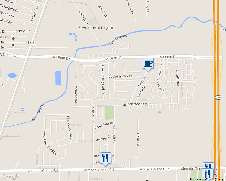 map of restaurants, bars, coffee shops, grocery stores, and more near 11910 Camby Park Drive in Houston