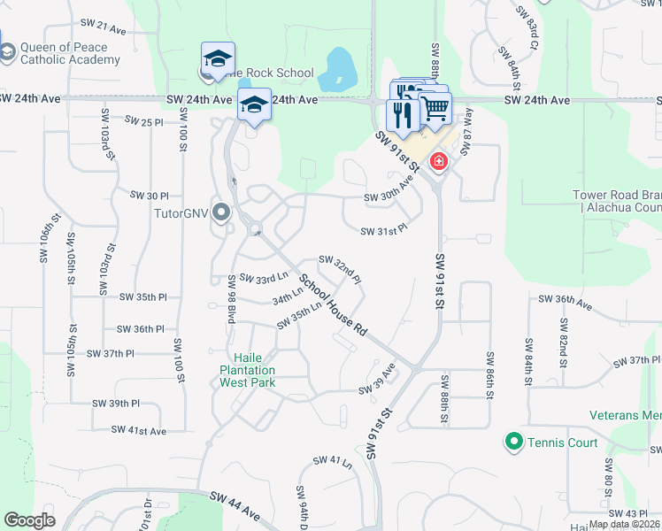 map of restaurants, bars, coffee shops, grocery stores, and more near 9337 Southwest 32 Place in Gainesville