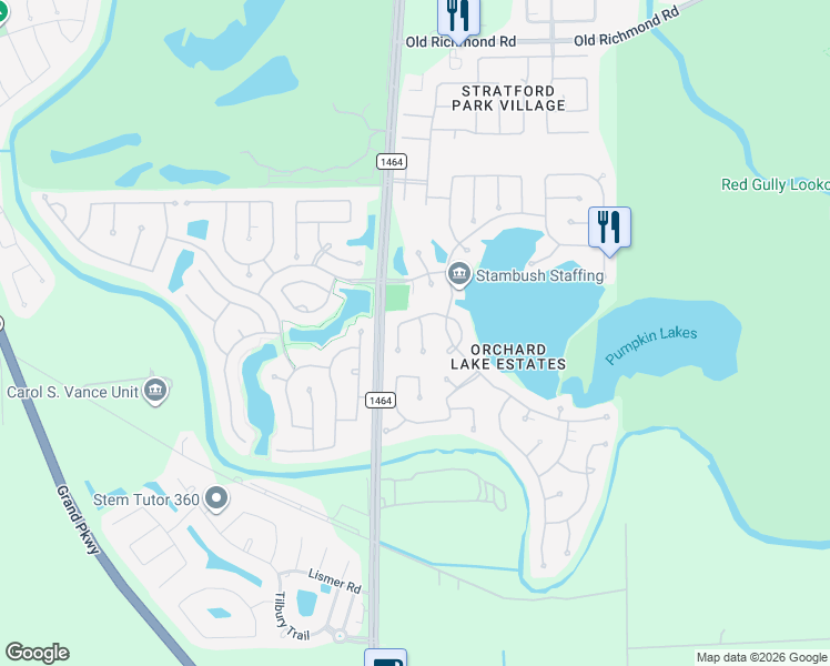 map of restaurants, bars, coffee shops, grocery stores, and more near 13206 Dusty Grove Lane in Sugar Land