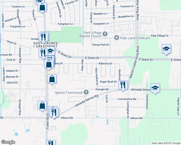 map of restaurants, bars, coffee shops, grocery stores, and more near 12814 Panay Drive in Houston