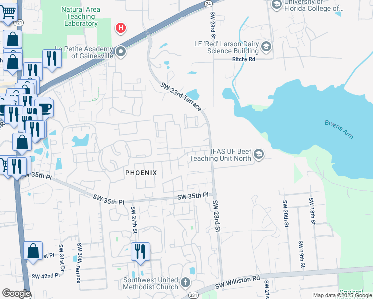 map of restaurants, bars, coffee shops, grocery stores, and more near 2360 Southwest 31 Place in Gainesville