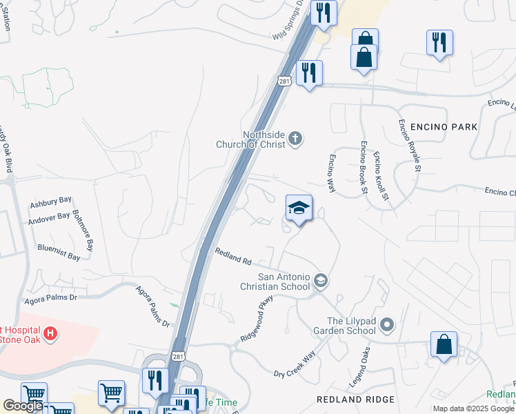 map of restaurants, bars, coffee shops, grocery stores, and more near 19540 U.S. 281 in San Antonio