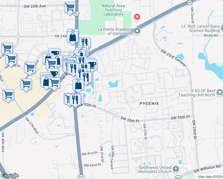 map of restaurants, bars, coffee shops, grocery stores, and more near 3000 Southwest 35th Place in Gainesville