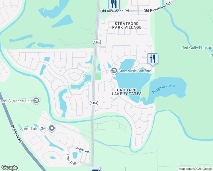 map of restaurants, bars, coffee shops, grocery stores, and more near 13206 Dusty Grove Lane in Sugar Land
