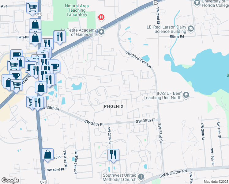 map of restaurants, bars, coffee shops, grocery stores, and more near 2918 25th Terrace in Gainesville