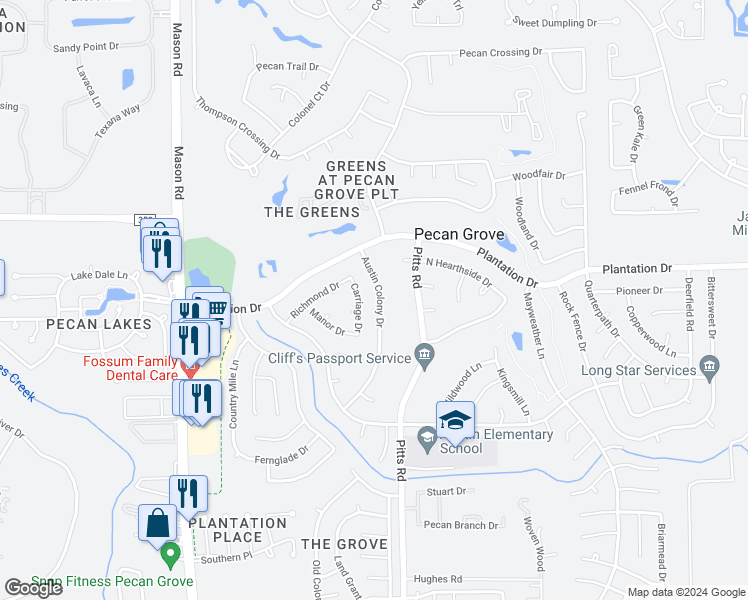 map of restaurants, bars, coffee shops, grocery stores, and more near 1219 Austin Colony Drive in Richmond