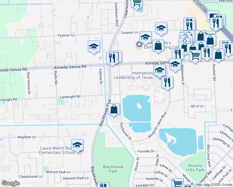 map of restaurants, bars, coffee shops, grocery stores, and more near 9948 Easthaven Boulevard in Houston