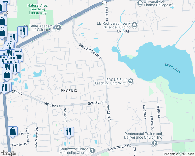 map of restaurants, bars, coffee shops, grocery stores, and more near 2360 Southwest 31 Place in Gainesville