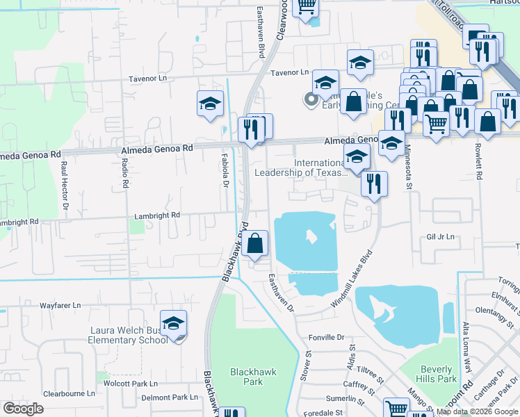 map of restaurants, bars, coffee shops, grocery stores, and more near 9948 Easthaven Boulevard in Houston