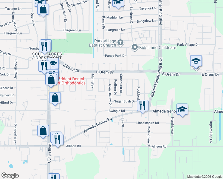 map of restaurants, bars, coffee shops, grocery stores, and more near 12818 Redfern Drive in Houston