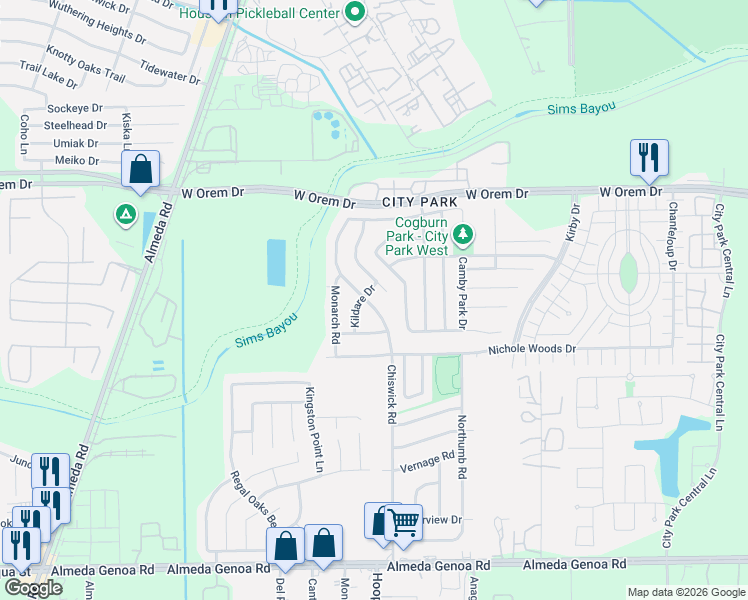 map of restaurants, bars, coffee shops, grocery stores, and more near 12634 Chiswick Road in Houston