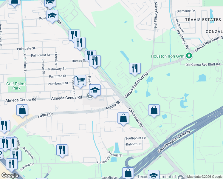 map of restaurants, bars, coffee shops, grocery stores, and more near 9802 Galveston Road in Houston