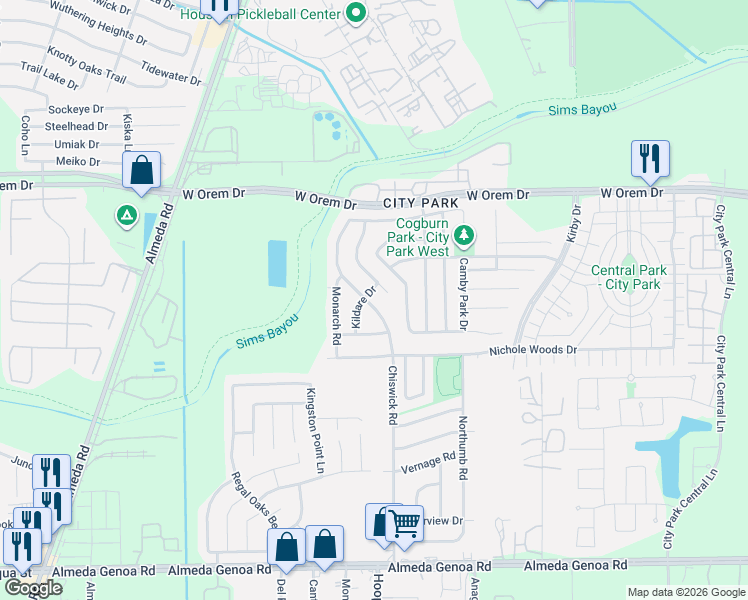 map of restaurants, bars, coffee shops, grocery stores, and more near 12634 Chiswick Road in Houston