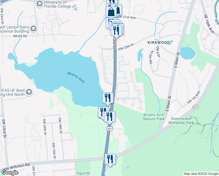 map of restaurants, bars, coffee shops, grocery stores, and more near 2900 Southwest 13th Street in Gainesville