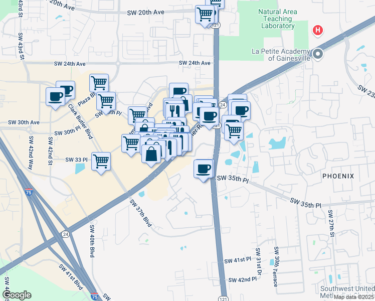 map of restaurants, bars, coffee shops, grocery stores, and more near 3525 Southwest Archer Road in Gainesville