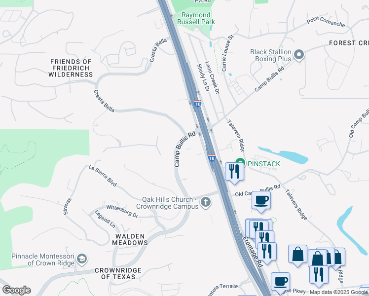 map of restaurants, bars, coffee shops, grocery stores, and more near 2 Camp Bullis Road in San Antonio