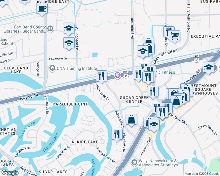 map of restaurants, bars, coffee shops, grocery stores, and more near 148 Commerce Green Boulevard in Sugar Land
