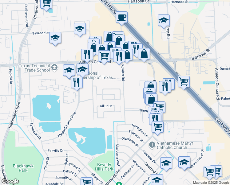 map of restaurants, bars, coffee shops, grocery stores, and more near 10007 Victoria Heights Lane in Houston