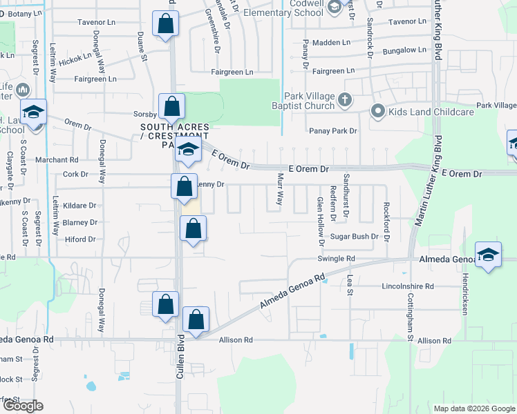 map of restaurants, bars, coffee shops, grocery stores, and more near 12815 Mosscrest Drive in Houston