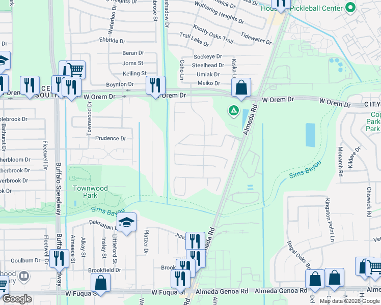 map of restaurants, bars, coffee shops, grocery stores, and more near 2810 Painted Sunrise Trail in Houston