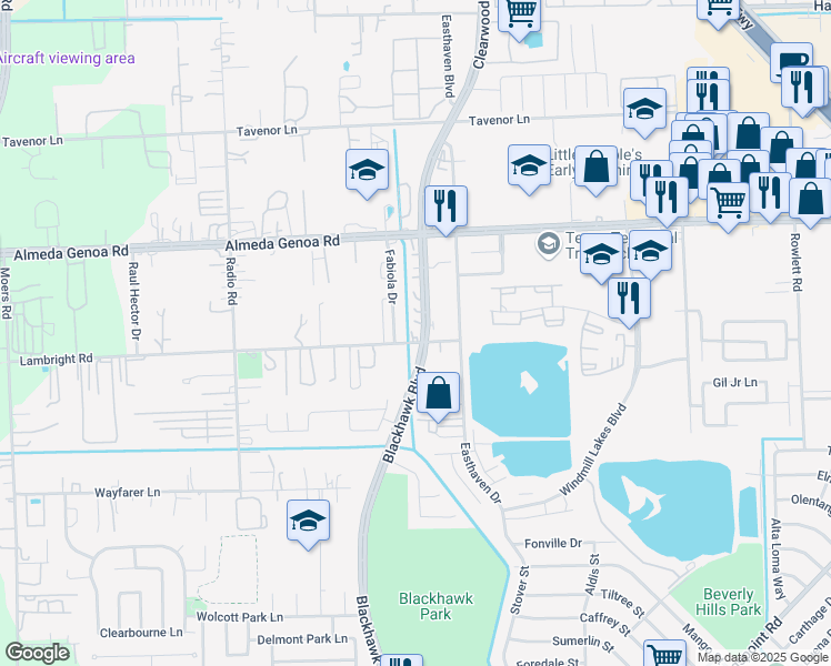 map of restaurants, bars, coffee shops, grocery stores, and more near 9417 Lambright Road in Houston