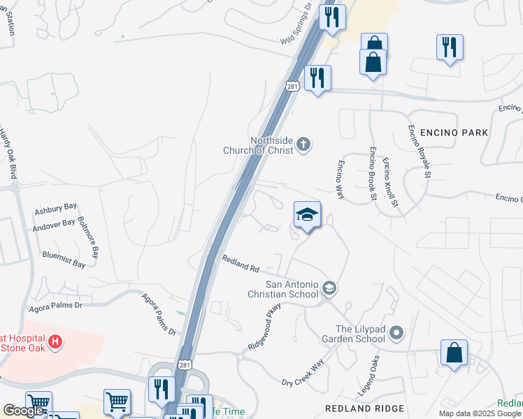 map of restaurants, bars, coffee shops, grocery stores, and more near 19540 U.S. 281 in San Antonio