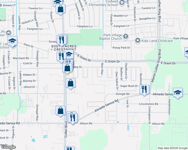 map of restaurants, bars, coffee shops, grocery stores, and more near 12815 Mosscrest Drive in Houston