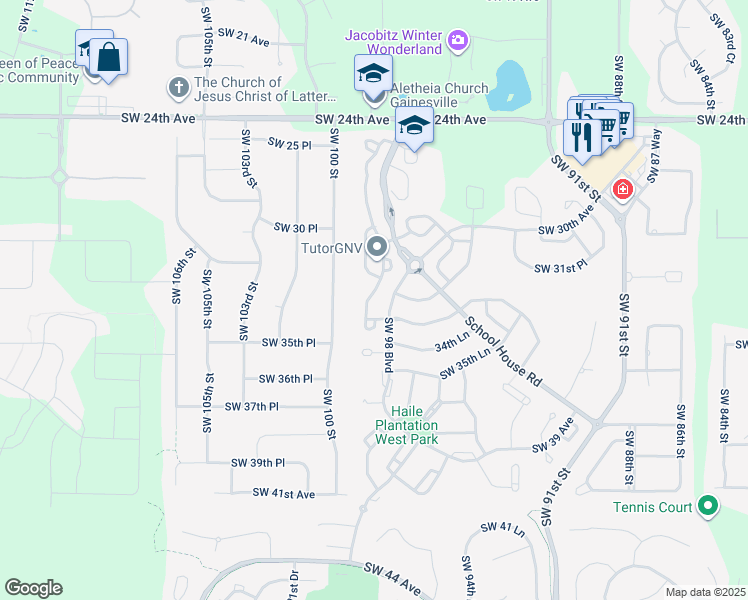 map of restaurants, bars, coffee shops, grocery stores, and more near 3131 Southwest 98 Drive in Gainesville