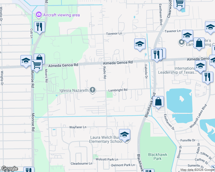 map of restaurants, bars, coffee shops, grocery stores, and more near 9834 Radio Road in Houston