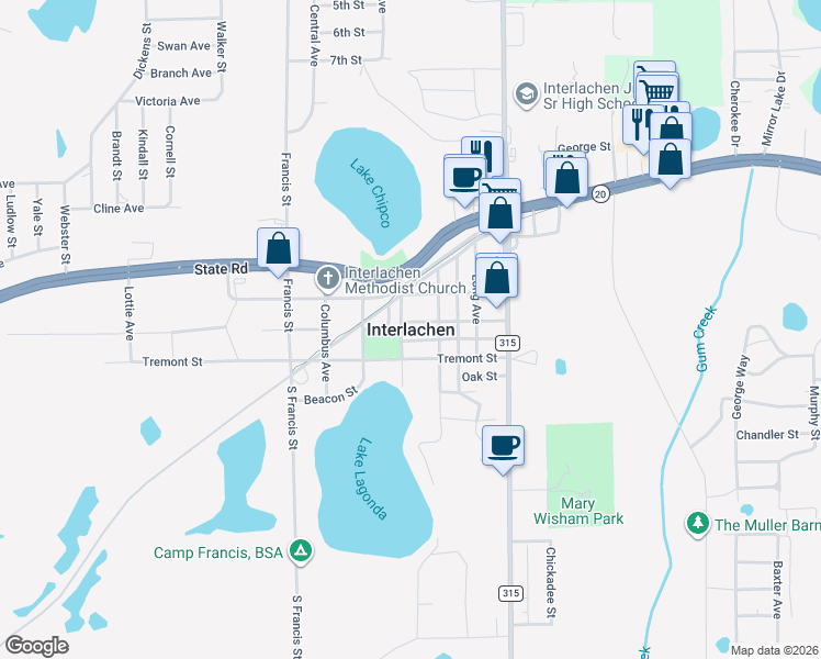 map of restaurants, bars, coffee shops, grocery stores, and more near in Interlachen