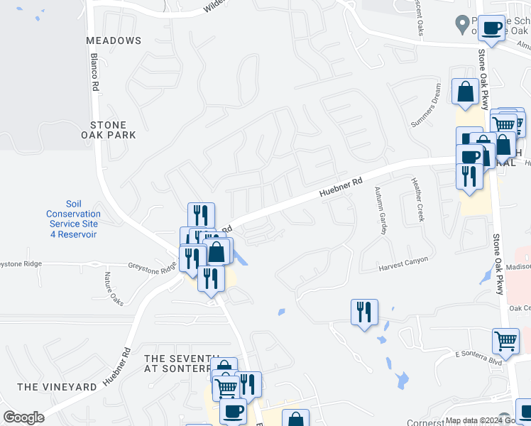 map of restaurants, bars, coffee shops, grocery stores, and more near 19950 Huebner Road in San Antonio
