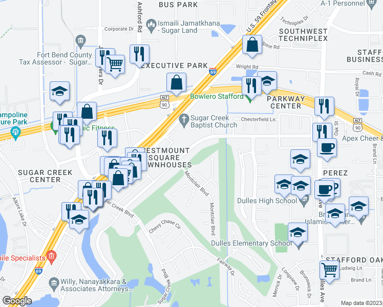 map of restaurants, bars, coffee shops, grocery stores, and more near 2930 Country Club Boulevard in Sugar Land