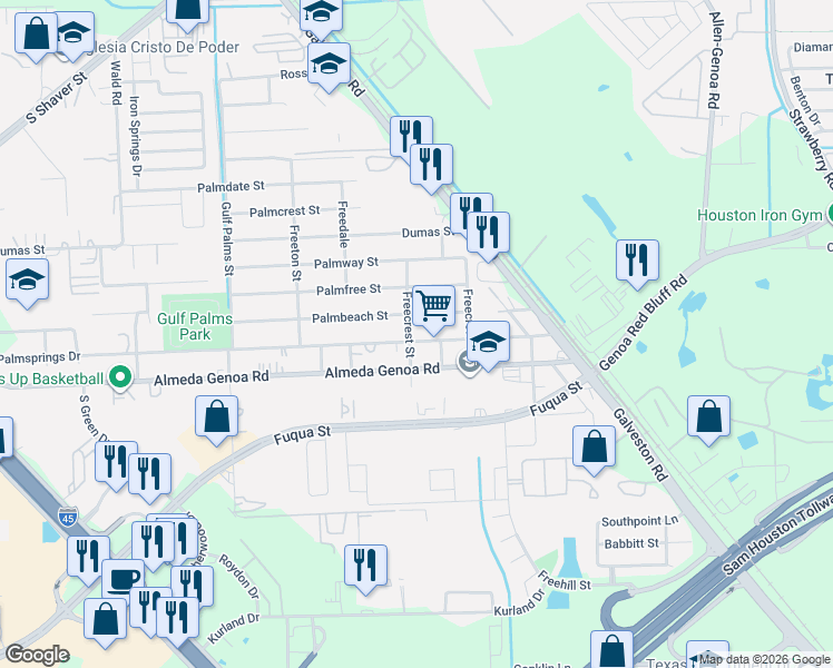 map of restaurants, bars, coffee shops, grocery stores, and more near 12418 Palmsprings Drive in Houston