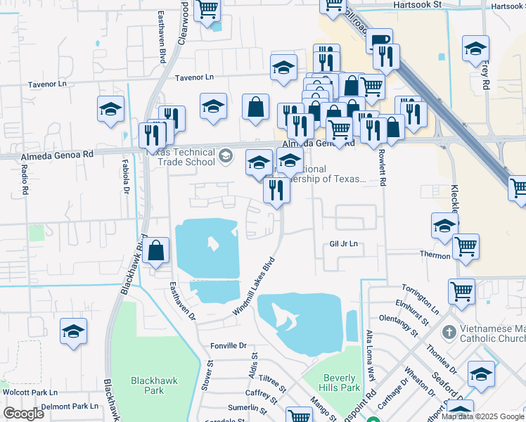 map of restaurants, bars, coffee shops, grocery stores, and more near 9988 Windmill Lakes Boulevard in Houston