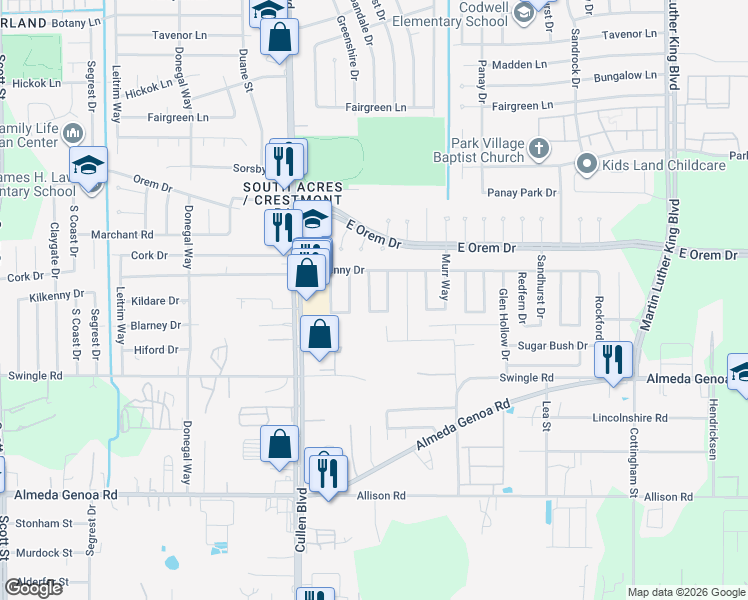 map of restaurants, bars, coffee shops, grocery stores, and more near 12811 Greenshire Drive in Houston