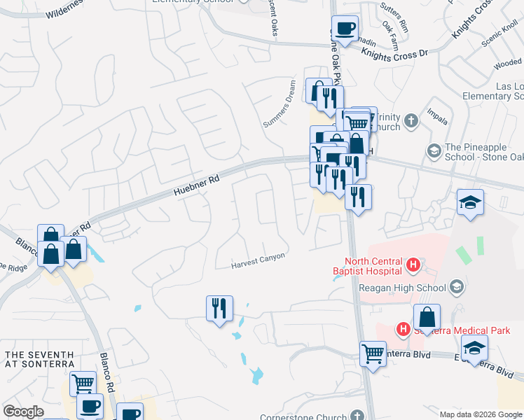 map of restaurants, bars, coffee shops, grocery stores, and more near 19209 Heather Forest in San Antonio