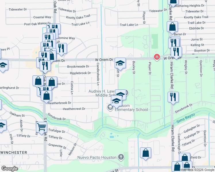 map of restaurants, bars, coffee shops, grocery stores, and more near 14004 Stancliff Street in Houston