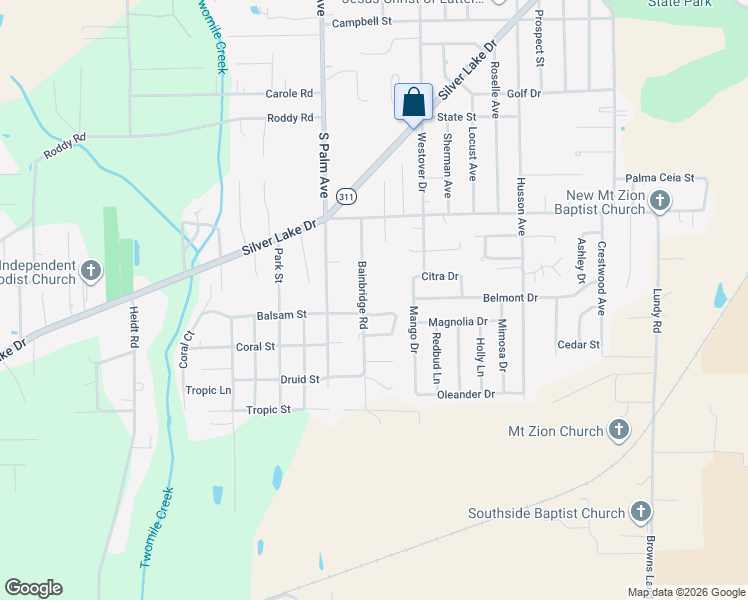 map of restaurants, bars, coffee shops, grocery stores, and more near 3123 Bainbridge Road in Palatka