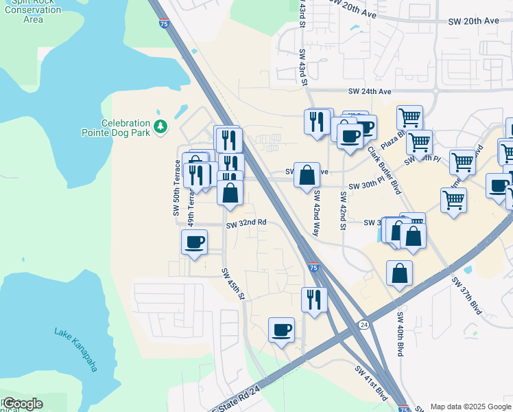 map of restaurants, bars, coffee shops, grocery stores, and more near 4442 Southwest 32nd Road in Gainesville