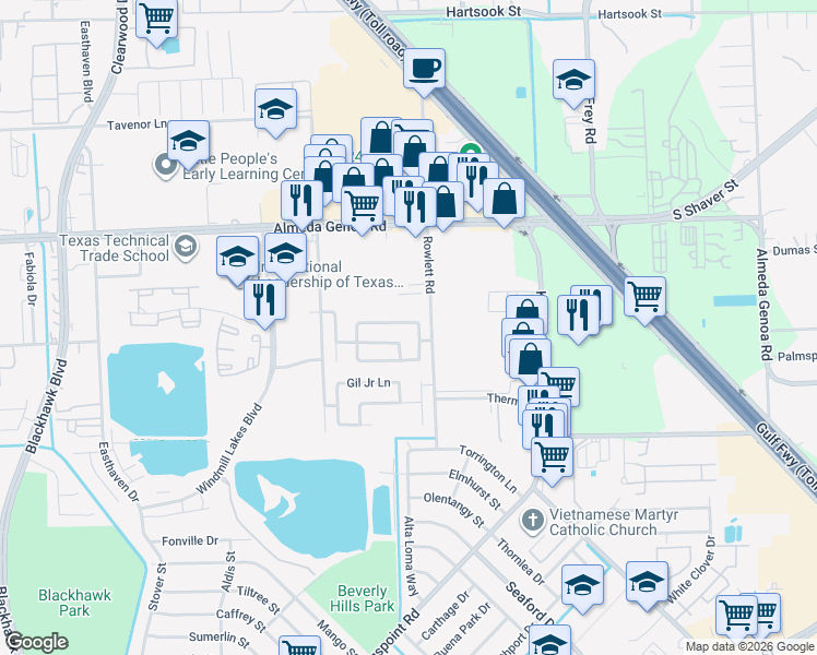 map of restaurants, bars, coffee shops, grocery stores, and more near 10007 Victoria Heights Lane in Houston