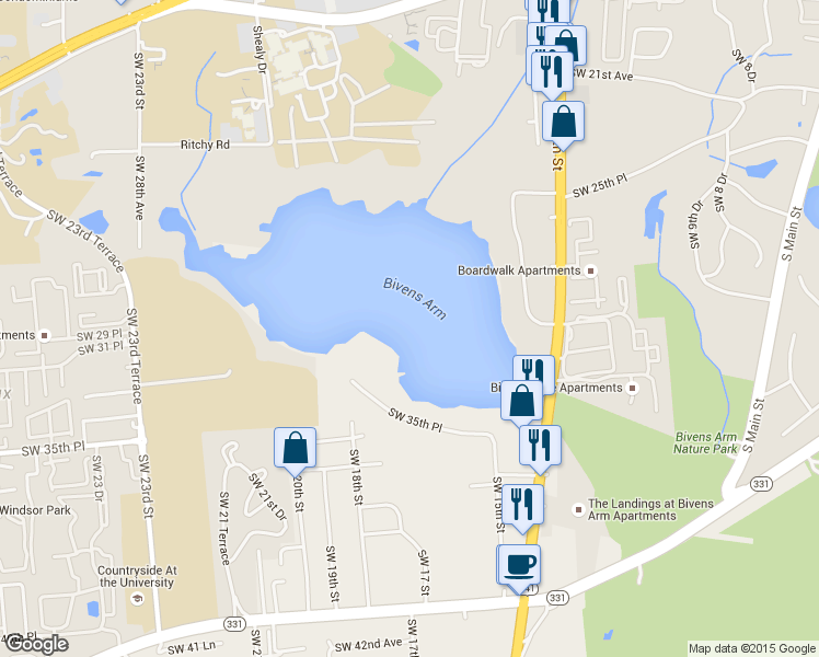 map of restaurants, bars, coffee shops, grocery stores, and more near 1702 Southwest 35th Place in Gainesville