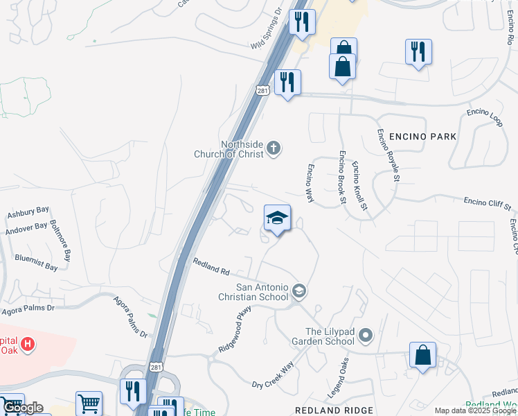 map of restaurants, bars, coffee shops, grocery stores, and more near 19500 U.S. Highway 281 North in San Antonio