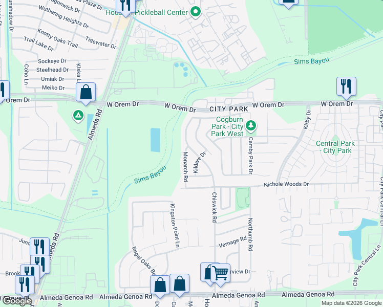 map of restaurants, bars, coffee shops, grocery stores, and more near 12634 Chiswick Road in Houston