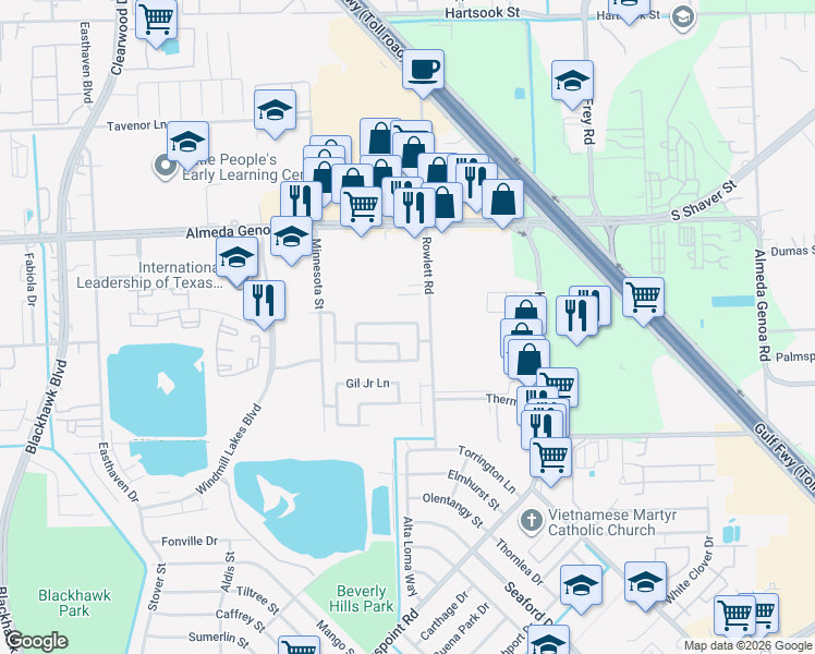 map of restaurants, bars, coffee shops, grocery stores, and more near 10007 Victoria Heights Lane in Houston
