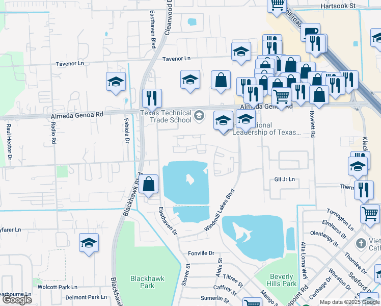 map of restaurants, bars, coffee shops, grocery stores, and more near 9750 Windwater Drive in Houston