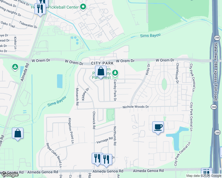 map of restaurants, bars, coffee shops, grocery stores, and more near 11910 Camby Park Drive in Houston