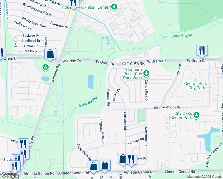 map of restaurants, bars, coffee shops, grocery stores, and more near 12634 Chiswick Road in Houston