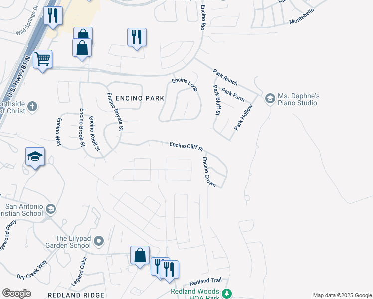 map of restaurants, bars, coffee shops, grocery stores, and more near 2204 Encino Cliff Street in San Antonio
