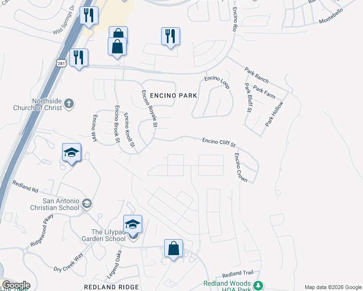 map of restaurants, bars, coffee shops, grocery stores, and more near 19501 Encino Creek in San Antonio